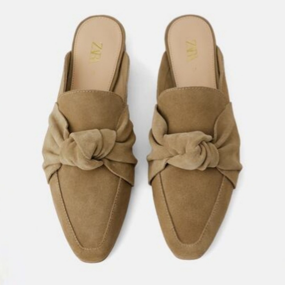NWT Zara Tan Suede Knot Open Back Slide Mules Size 36 EU / 6 US